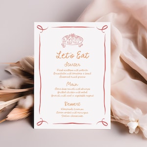 Quirky Wedding Menu Template, Hand Drawn Menu Template, Editable Template, Whimsical Wedding Menu, Fun Menu Card, Funky Menu, Red, Orange