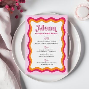 Szablon menu z falistą ramką, szablon menu na wieczór panieński, edytowalny szablon, różowo-pomarańczowe menu ślubne z falistą ramką do wydrukowania, falista karta menu