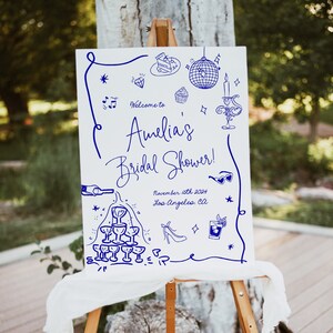 Wavy Border Bridal Shower Welcome Sign, Fun Blue Welcome Template, Hand Drawn Welcome Sign, Squiggly Border Bridal Welcome, Champagne