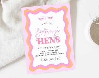 Wave Hens Party Invitation, Wavy Border Hens Invitation, Pink Hen Party Invite, Editable Template, Modern Bridal Invite, Wavy Shape