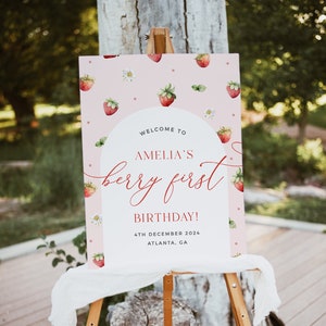 Szablon powitalny na pierwsze urodziny Berry, Znak powitalny na pierwsze urodziny Strawberry, Plakat powitalny na truskawki, Szablon edytowalny, Różowa truskawka