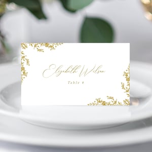 Modelo de cartões de lugar de casamento com flores douradas, cartão de lugar floral vintage, cartões de lugar elegantes, cartões de lugar de casamento chinoiserie, modelo editável