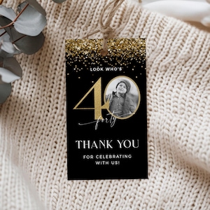 40th Birthday Gift Tag, 40th Favor Tag, 40th Gift Tag Template, Editable Template, Male Favor Tags, Printable Gift Tag, Black and Gold