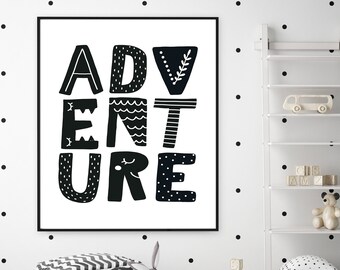 Adventure Print Monochrome Kwekerij Decor Scandinavische Kwekerij Afdrukbare Art Boy Nursery Kids Wall Art Zwart en Wit Boy Room Print