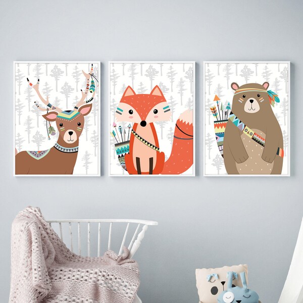 Tribal Animal Print Set Tribal Nursery Decor Woodland Nursery Printable Bear Fox Deer Boy Nursery Wall Art Kids Wall Art Boy Room Print