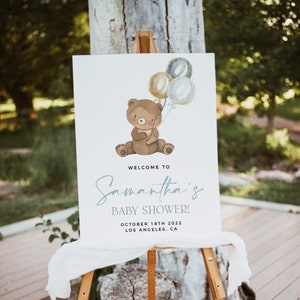 Bear Baby Shower Welcome Template, Teddy Bear Welcome Sign, Blue Balloon Welcome Poster, Editable Template, Boy Teddy Bear Welcome Sign