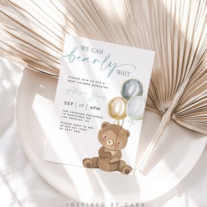 Bear Baby Shower Invitation Template, We Can Bearly Wait Invitation, Bear With Balloons Invitation, Blue Balloons Shower, Editable Template