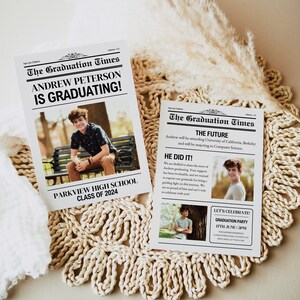 Newspaper Graduation Invitation, Senior Graduate Announcement, Newspaper Graduation Party Invite, Photo Graduation Invite, Canva Template