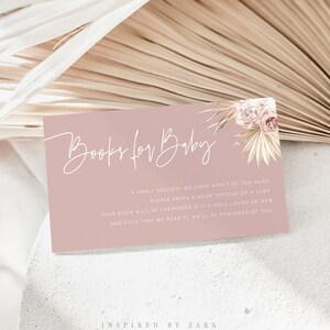 Boho Bücher für Baby Vorlage, Dusty Pink Bücher Einlage Karte, Pampas Gras Buch Anfrage Karte, Mädchen Baby Shower, Editierbare Bücher Karte druckbar