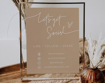 Beige Social Media Sign, Let's Get Social Template, Small Business Sign, Connect With Us Sign, Editable Template, Instagram Sign Printable