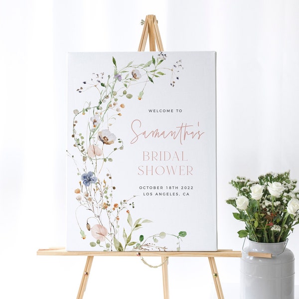 Modèle de bienvenue de douche nuptiale de fleurs sauvages, signe de bienvenue de printemps floral, affiche de bienvenue nuptiale, modèle modifiable, signe de bienvenue de fleurs sauvages