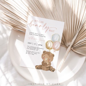 Bear Baby Shower Invitation Template, We Can Bearly Wait Invitation, Bear With Balloons Invitation, Pink Balloons Shower, Editable Template