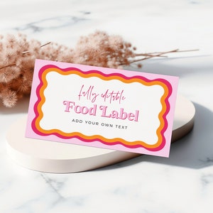Modèle d'étiquettes de nourriture bordure ondulée, étiquettes de nourriture pour douche nuptiale rose et orange, cartes tente de nourriture, étiquettes de nourriture vague frontière nourriture étiquettes