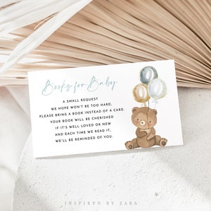 Bear Boeken voor Baby Sjabloon, Teddybeer Boeken Aanvraag Kaart, Jongen Beer Baby Douche, Boeken Insert Card, Bewerkbare Boeken voor Baby, Blauwe Ballonnen