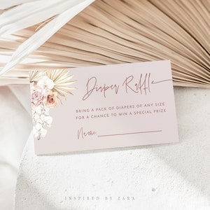 Boho Luier Verloting Sjabloon, Dusty Roze Luier Raffle Kaart, Luier Raffle Kaart, Meisje Baby Douche, Bewerkbare Luier Raffle
