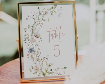 Wildflower Table Number Template, Spring Table Numbers, Floral Wedding Table Card, Editable Table Numbers Printable, Garden Table Numbers