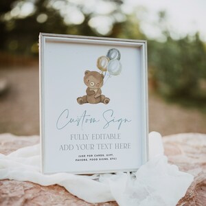 Bear Custom Sign Template, Editable Custom Sign, Teddy Bear Custom Sign Printable, Blue Bear Custom Sign, 1st Birthday Sign Printable