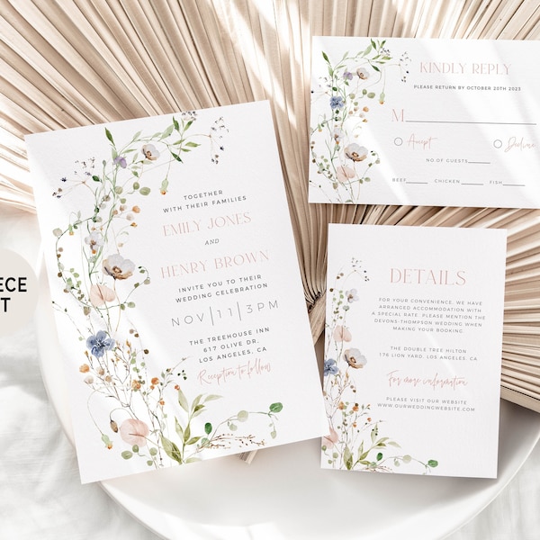 Wildflower Wedding Invitation Suite, Spring Wedding Invite, Wildflowers Wedding Invitation Template, Floral Wedding Invite, Garden Wedding