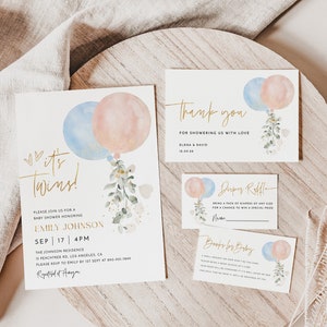 Twins Baby Shower Invitation, Girl and Boy Twins Baby Shower Template, Editable Template, Blue and Pink Balloons, Balloons With Greenery