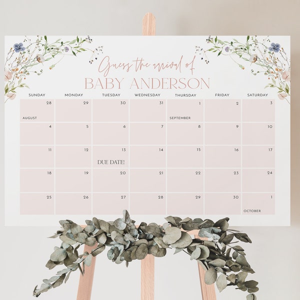 Wildflower Due Date Calendar Template, Baby Birth Date Sign, Guess The Arrival Date Sign, Wildflower Birth Date Sign, Editable Due Date Sign