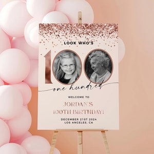 Female 100th Birthday Welcome Sign, 100th Photo Welcome Sign, Rose Gold 100th Birthday Decorations, 100th Welcome Poster, Editable Template