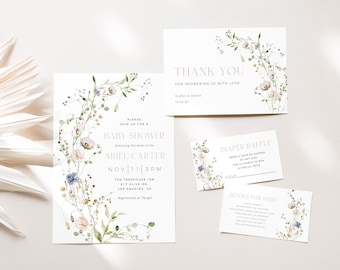 Wildflower Baby Shower Invitation, Girl Baby Shower Template, Editable Template, Wildflowers Invitation, It&#39;s A Girl, Spring Baby Shower
