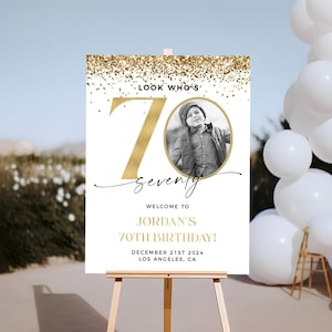 Modèle de plaque de bienvenue or 70e anniversaire, plaque de bienvenue 70e avec photo, décorations 70e anniversaire, affiche de bienvenue 70e, modèle modifiable
