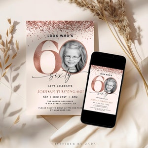 Rose Gold 60th Birthday Invitation Template, Editable Invitation with Photo, Look Who's 60, Female 60th Birthday, Invitation for Women