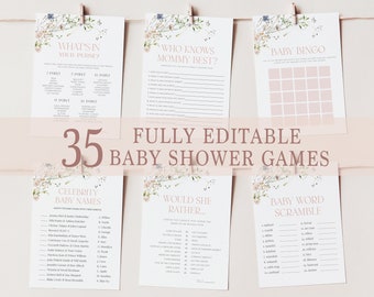 Wildflower Baby Shower Games Bundle, Baby Shower Games Template, Editable Template, Floral Shower Games, Wildflower Shower Games Printable