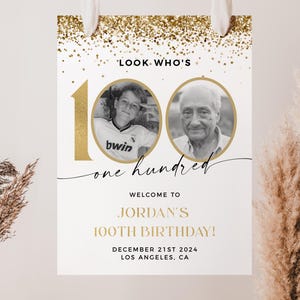 Gold 100th Birthday Welcome Sign Template, 100th Welcome Sign With Photo, 100th Birthday Decorations, Welcome Poster, Editable Template