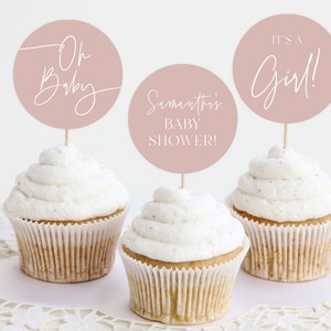 Dusty Pink Cupcake Topper Template, Baby Shower Cupcake Topper, Editable Cupcake Topper, Baby Girl Cupcake Toppers, Minimal Cupcake Topper