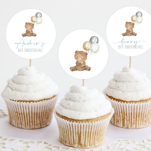 Bear Cupcake Topper Template, Beary 1st Birthday Cupcake Topper, Editable Cupcake Topper, Teddy Bear First Birthday Cupcake Toppers
