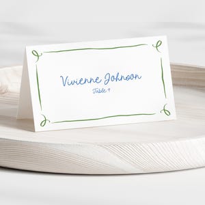 Hand Drawn Floral Wedding Place Cards Template, Whimsical Place Card, Editable Template, Fun Quirky Place Cards, Blue and Green