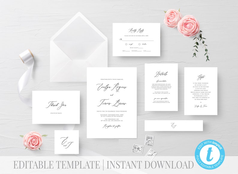 Calligraphy Wedding Invitation Suite Editable Template Modern Wedding Editable Invitation Elegant Wedding Invite Minimalist Invitation 310
