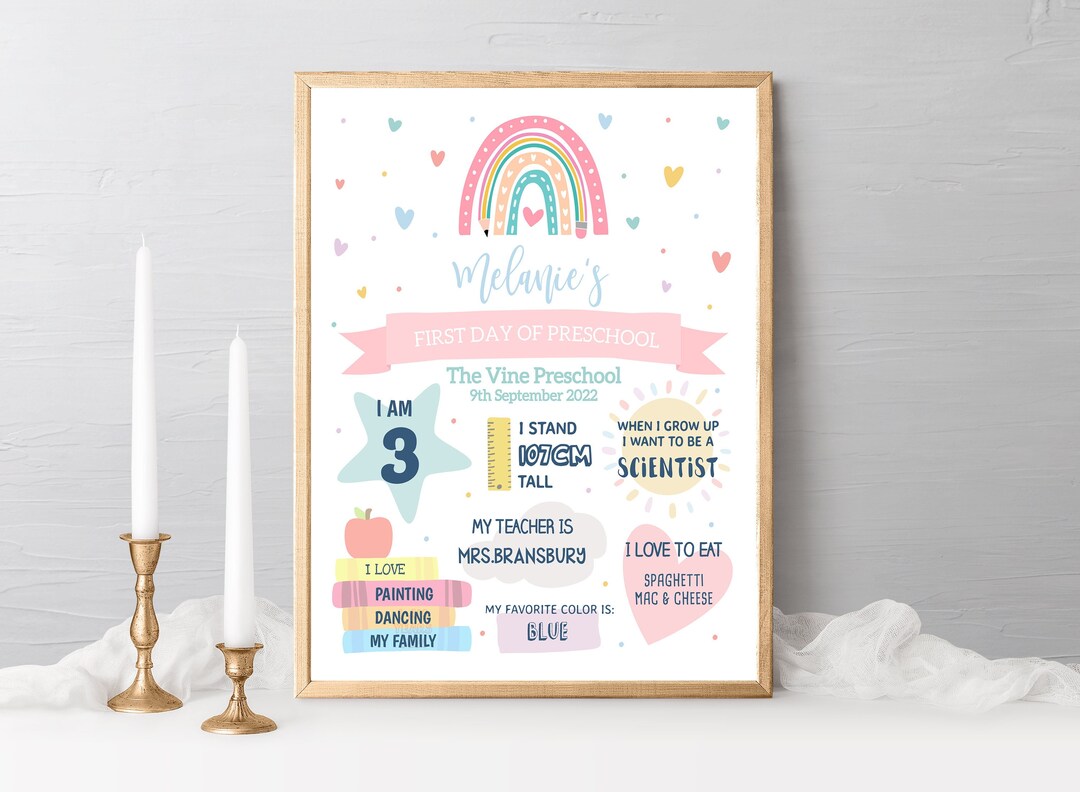 Editable First Day of Preschool Sign, Boho Rainbow Preschool Sign, Girl ...
