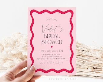 Wavy Bridal Shower Invitation, Wave Border Bridal Shower, Pink Bridal Shower Invite, Editable Template, Modern Bridal Invite, Wavy Shape