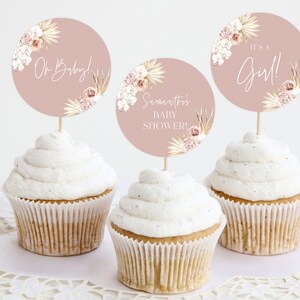 Boho Cupcake Topper Template, Baby Shower Cupcake Topper, Editable Cupcake Topper, Bohemian Cupcake Toppers, Dusty Pink Cupcake Topper
