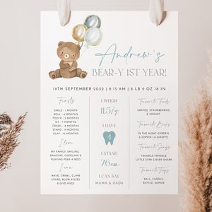 Bär 1. Geburtstag Meilenstein Schild, Beary Erster Geburtstag MeilensteinTafel, Blauer Bär Geburtstagsposter, Junge 1. Geburtstag, Baby Meilenstein Schild