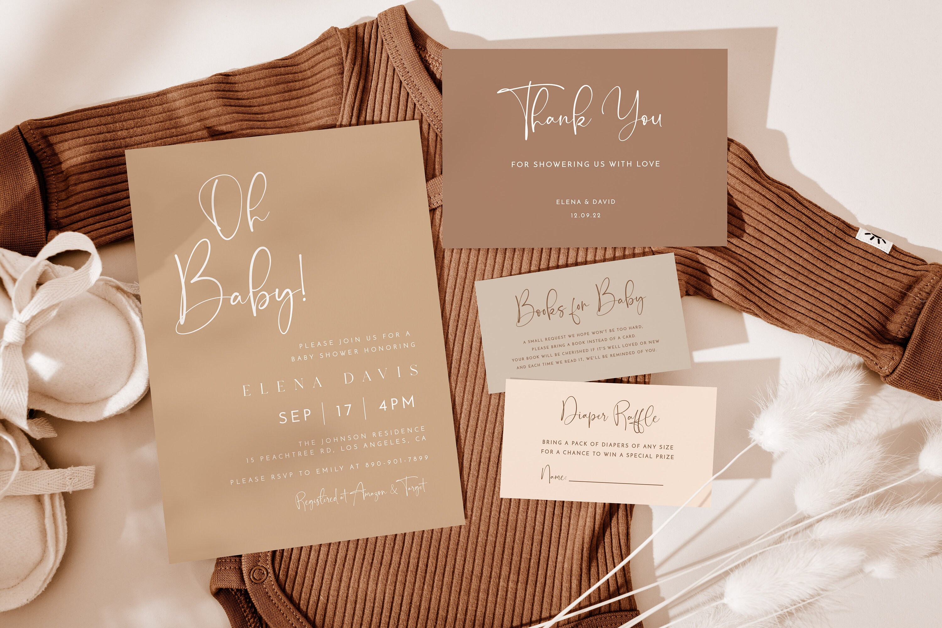 Beige Baby Shower Invitation Template, Minimalist Baby Shower, Boho Shower Invite, Editable Template, Modern Gender Neutral Invitation