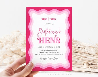 Wavy Hens Party Invitation, Wave Border Hens Invitation, Hot Pink Hen Party Invite, Editable Template, Modern Bridal Invite, Wavy Shape