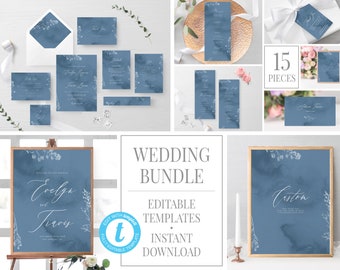 Dusty Blue Invitation Suite Template Elegant Wedding Suite Dusty Blue Wedding Bundle Editable Template Watercolor Wedding Printable Set 180