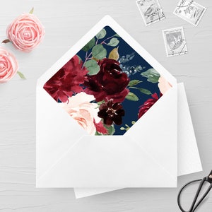 Navy and Burgundy Envelope Liner Printable A7 Envelope Liner Floral Envelope Liner Blush and Burgundy Printable DIY Envelope Liner