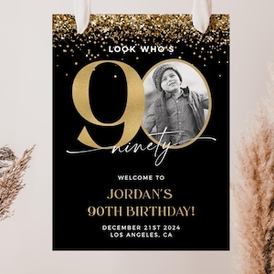 90th Birthday Welcome Sign, 90th Welcome Sign With Photo, Black and Gold Birthday Decorations, 90th Male Welcome Poster, Editable Template