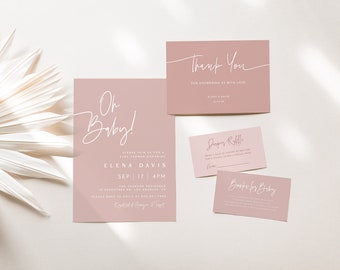Dusty Pink Baby Shower Invitation, Girl Baby Shower Template, Dusty Rose, Editable Template, Oh Baby, It&#39;s A Girl, Baby Girl Shower Invite