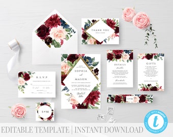 Burgundy Wedding Invitation Suite Template Invite Rustic Wedding Editable Invitation Template Blush and Burgundy Invitation Printable 110