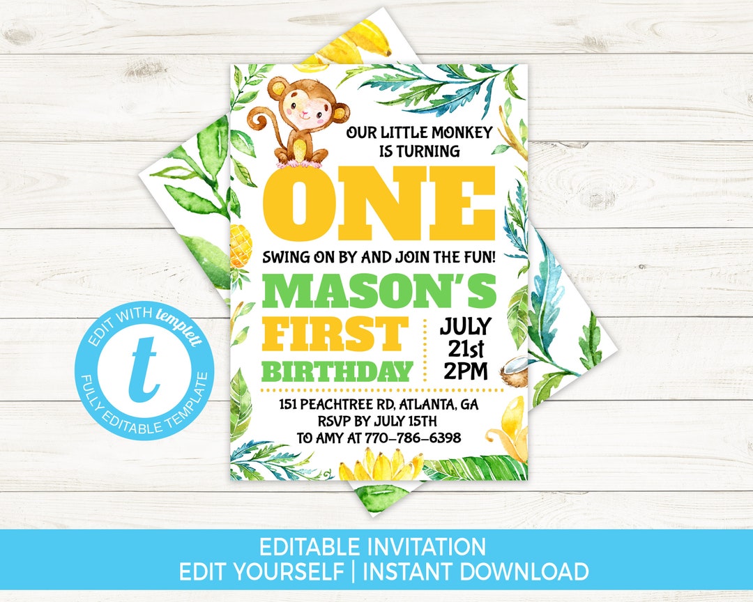 Monkey Birthday Invitation Template First Birthday Invite Monkey 1st Birthday Kids Birthday Kids ...