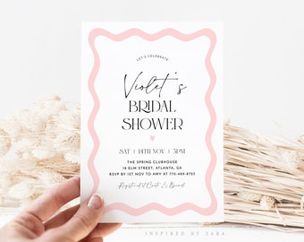 Wavy Bridal Shower Invitation, Wave Border Bridal Shower, Blush Pink Bridal Shower Invite, Editable Template, Minimal Bridal Invite