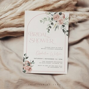 Dusty Pink Bridal Shower Invitation Template, Floral Bridal Shower Template, Modern Arch Bridal Shower Invite, Boho Floral Bridal Invite