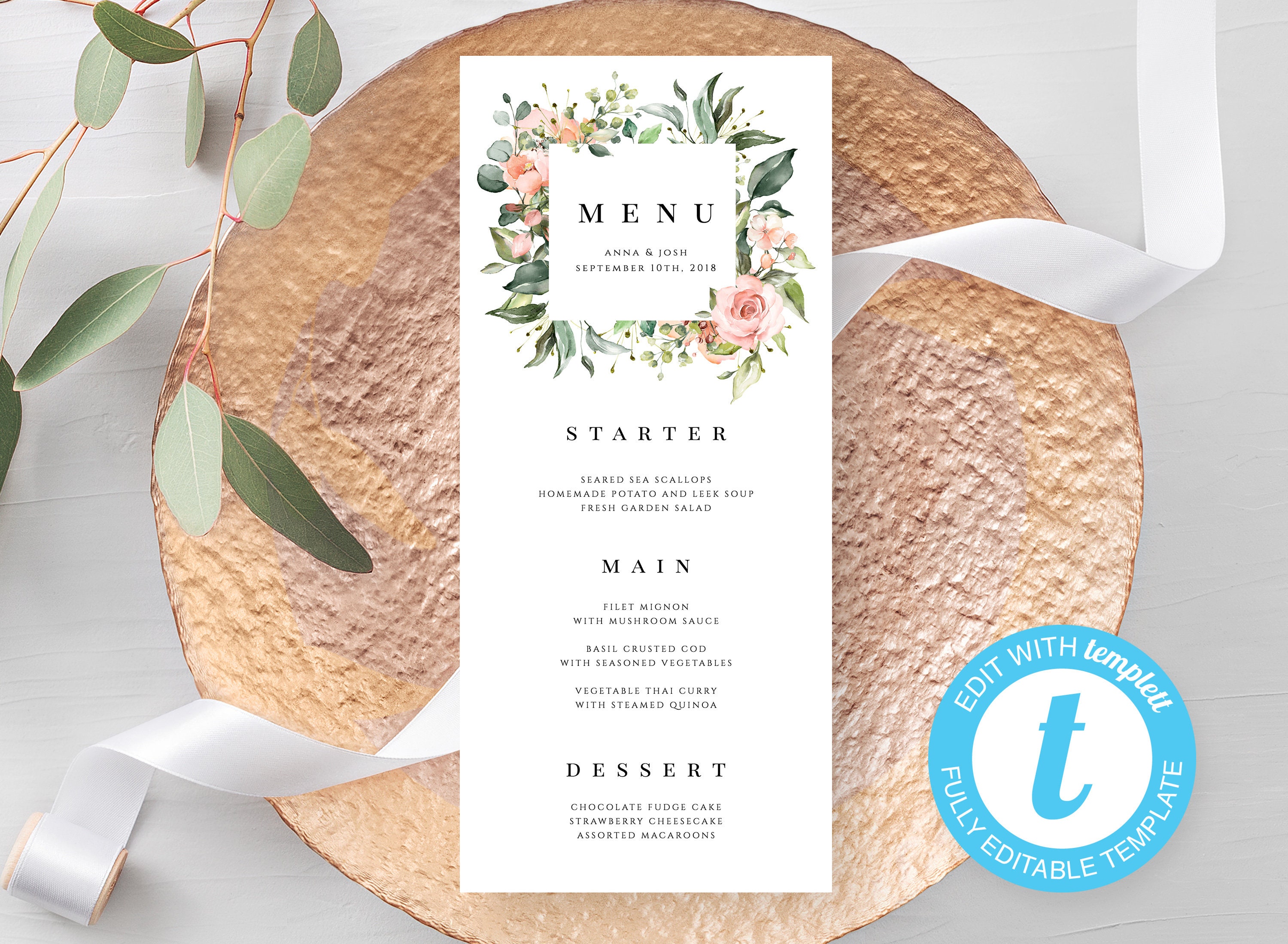 Blush Wedding Menu Editable Template Floral Wedding Menu Etsy