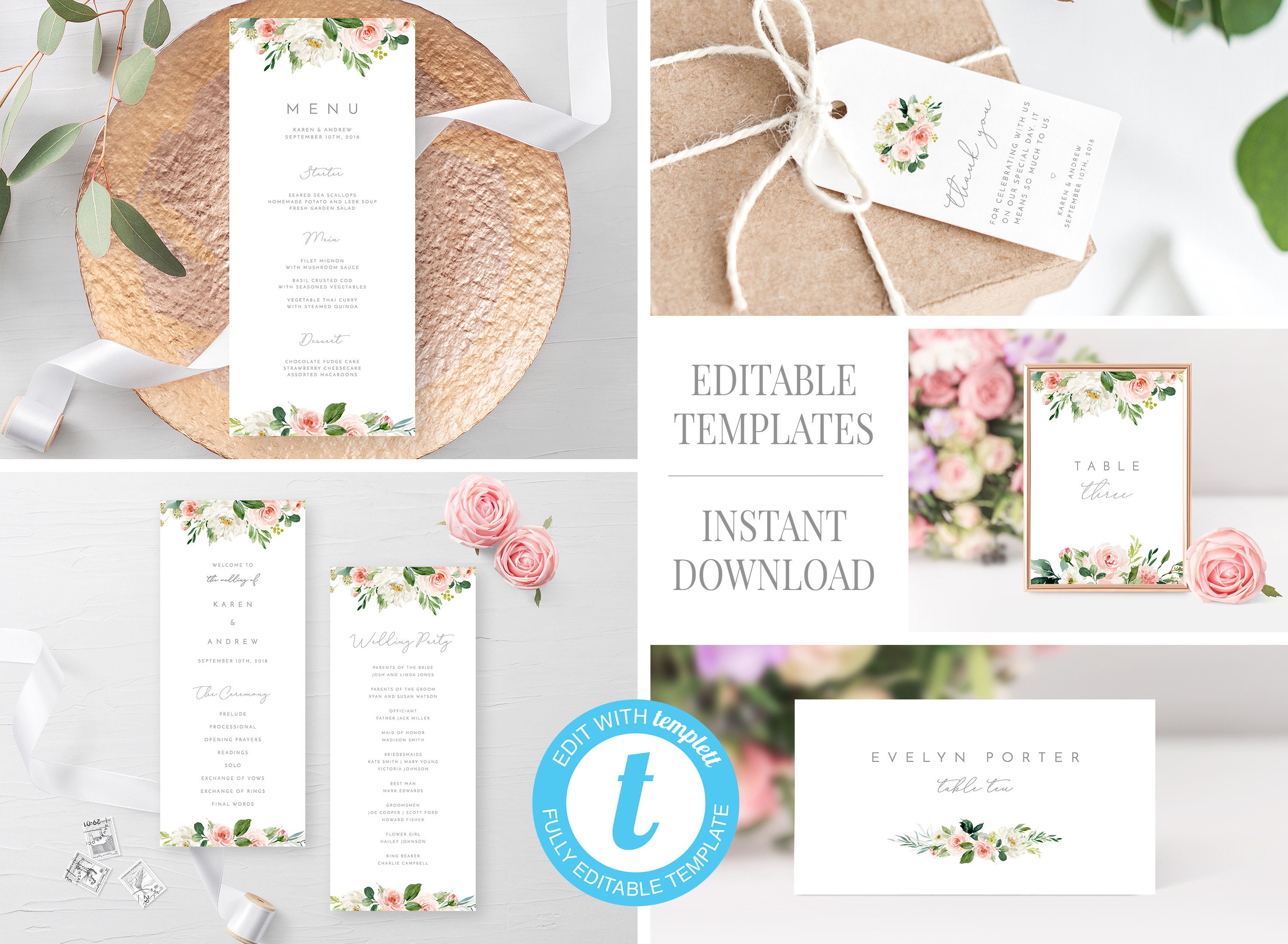 Blush Wedding Menu Template Wedding Program Editable Template Etsy